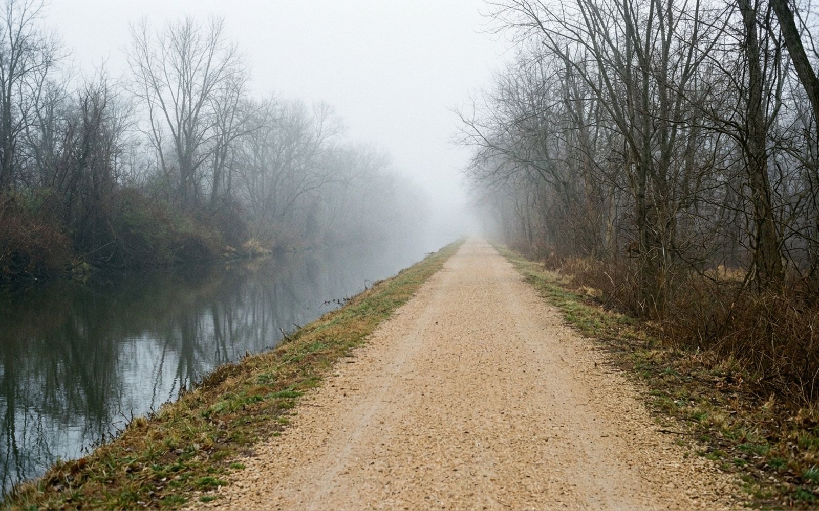 A straight gravel towpath disappearing into fog between a still canal on one side and bare trees on the other, early morning, nobody in frame